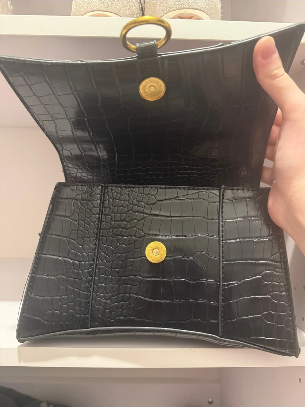 Vintage Black Croc-Embossed Top Handle Bag with Gold Ring Accent